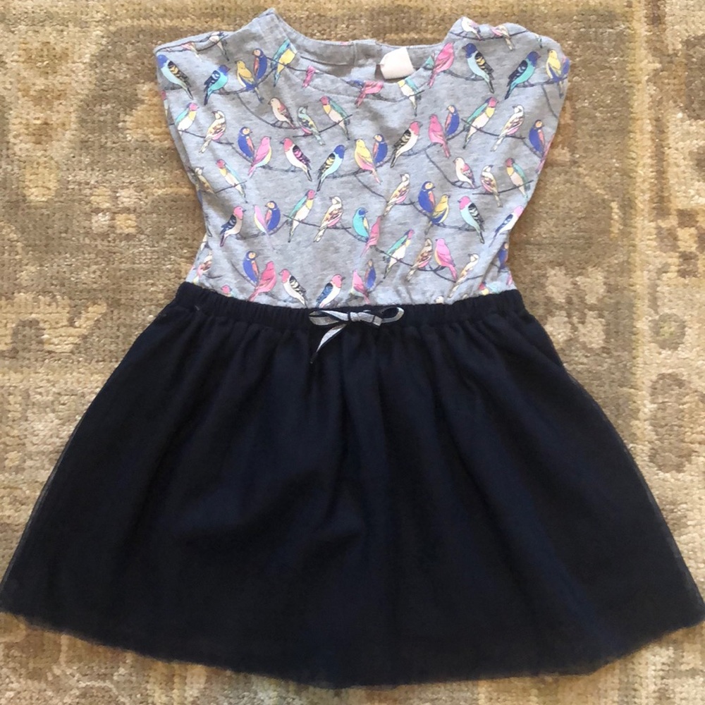 Gap 2T mixed media dress navy, grey with birds
